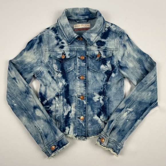 Pilcro Jackets & Blazers - Anthropologie Pilcro Blue Tie Dye Denim Jacket XS Raw Hem Acid Wash Cropped